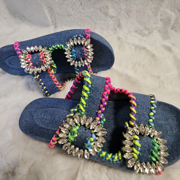 Mystique Luxury Denim Slides Sandals Crystal Buckle Size 8.5 (Fit 8-8.5) NWOB - Picture 7 of 13